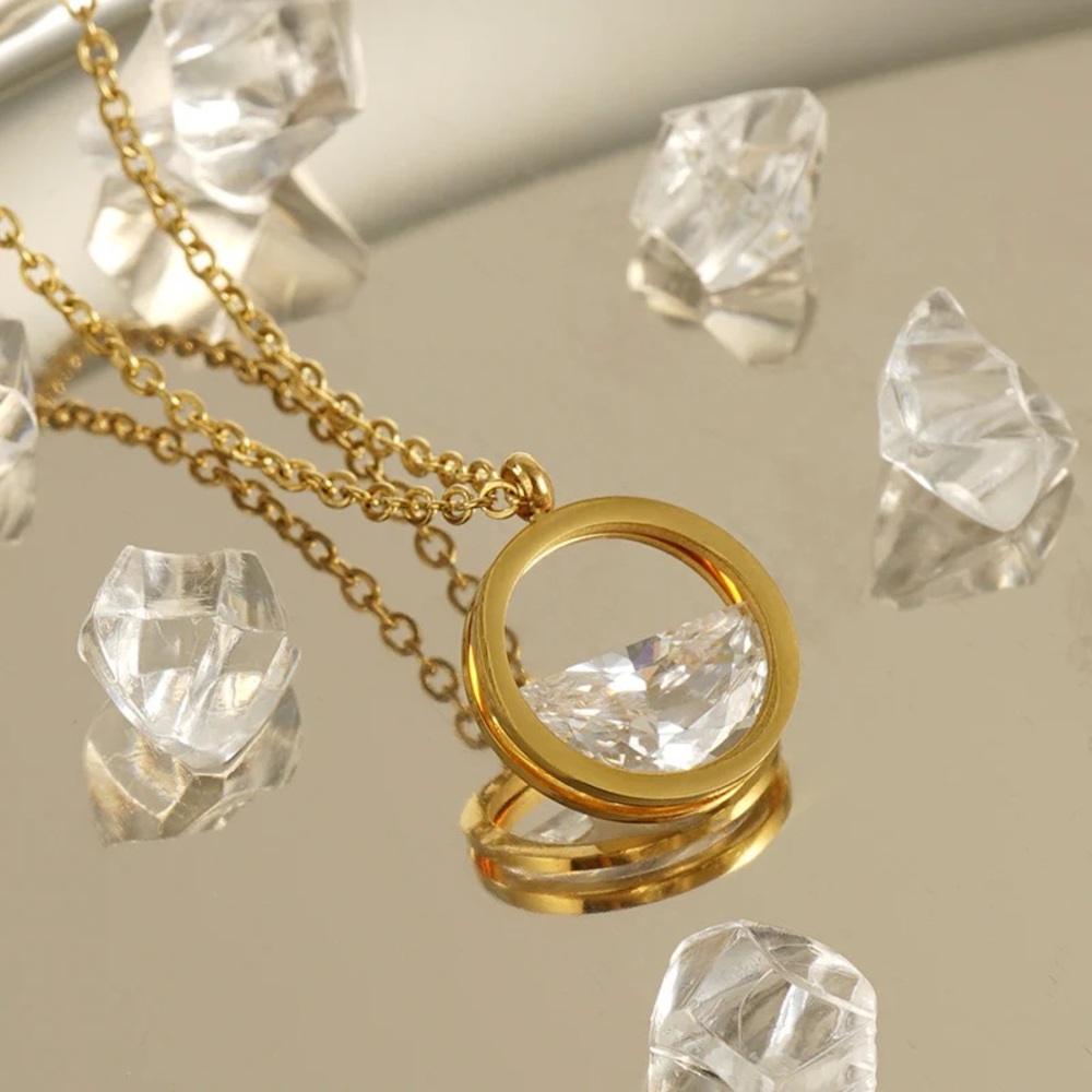 18K Gold Plated Abstract Design*Artsy*Cubic Zirconia*Round Pendant*Waterproof*ZX - Picture 3 of 5